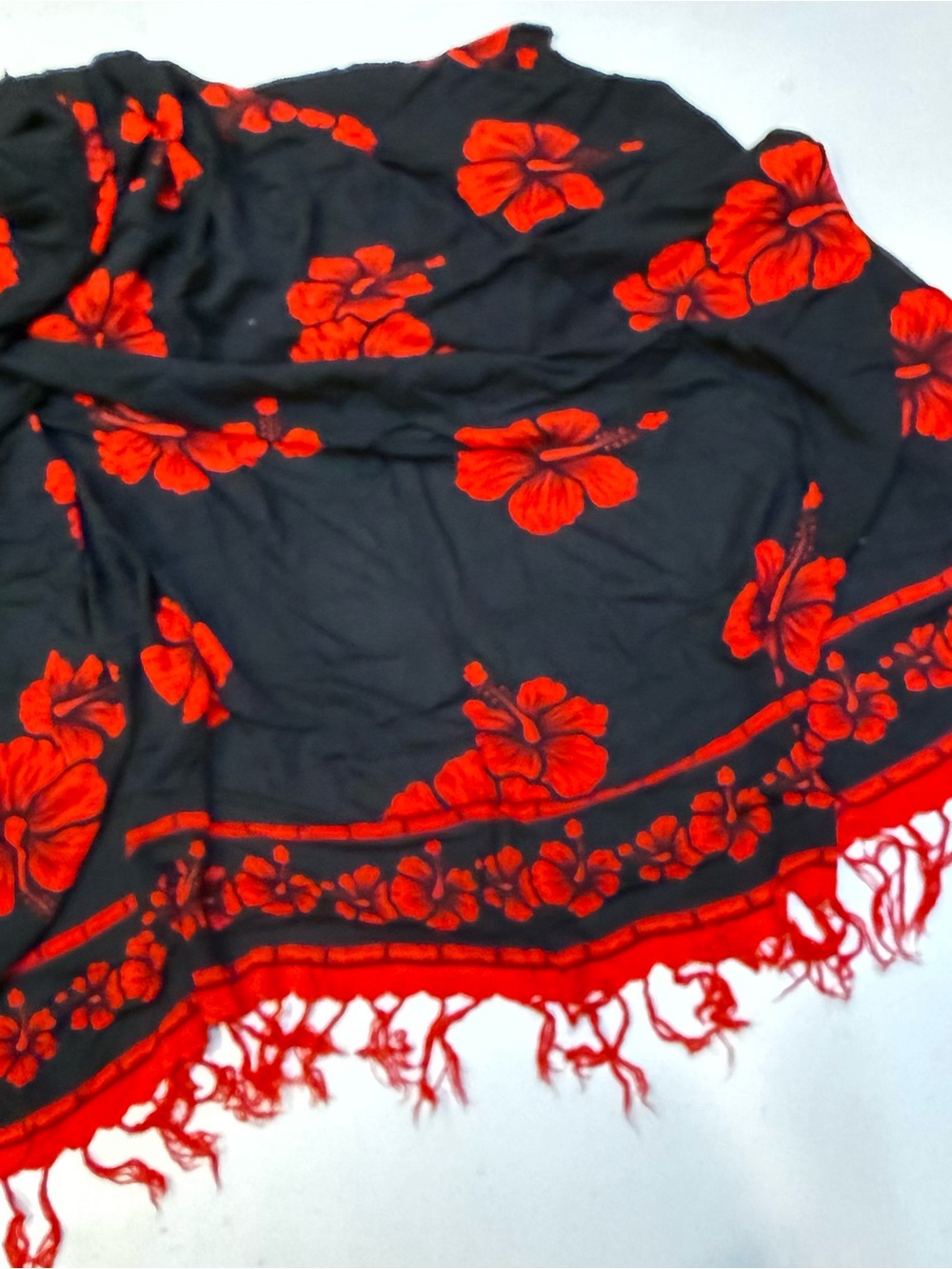Ecko Unlimited Black Scarf with Red Floral Pattern and Fringe